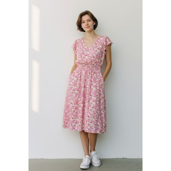 MSK Women’s V-Neck Floral Dress 2X Pink & White Short-Sleeve Empire Waist - Picture 1 of 8